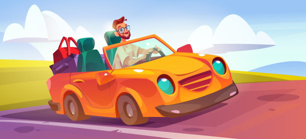 一名男子开着敞篷车，行李在路上图片下载