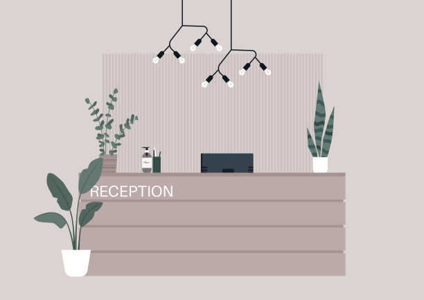 现代接待台装饰着装饰性植物和时尚的照明装置，营造出温馨的氛围图片下载