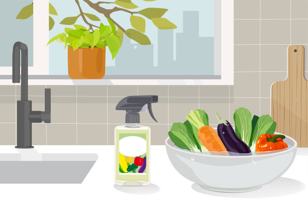 在厨房里用喷雾洗水果和蔬菜。图片下载