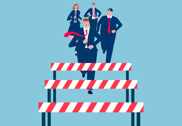克服障碍，挑战困难或挫折，竞争和挑战，四个商人跑和准备跨栏图片下载
