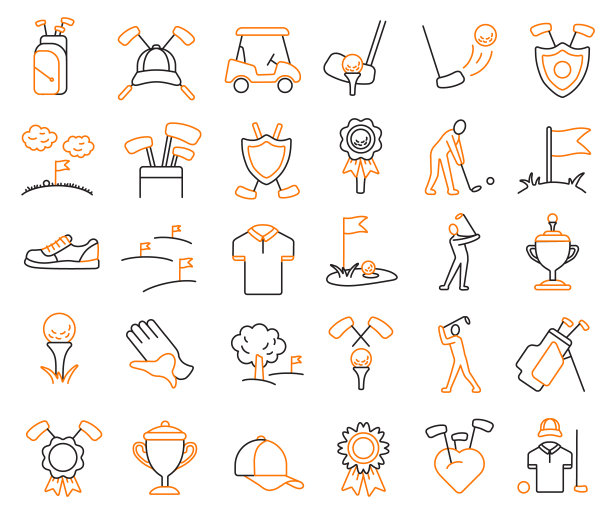 高尔夫设备和运动图标设置在黑色和橙色，可编辑的笔画，矢量插图图片下载