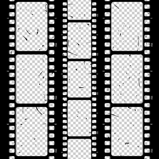 旧的复古电影胶片条设置在透明背景上的垃圾纹理。胶片条框。电影和电影制作概念。矢量图图片下载