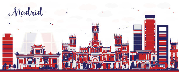 摘要西班牙马德里城市天际线与彩色建筑。带有地标的城市景观。图片下载