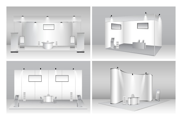 一套逼真的贸易展览椅和桌子或白色空白的展览亭或展台企业商业。每股收益向量图片下载