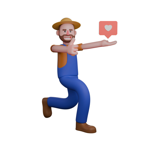 3D农村男性。一位农民抬起一条腿跑着，两只手都指向前方，好像在给予什么。农民插图图片下载