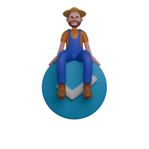 职业男性农民。一个农民正坐在一个蓝色的大圆圈上，圆圈中央有一个白色的勾号符号。三维农业插图图片下载