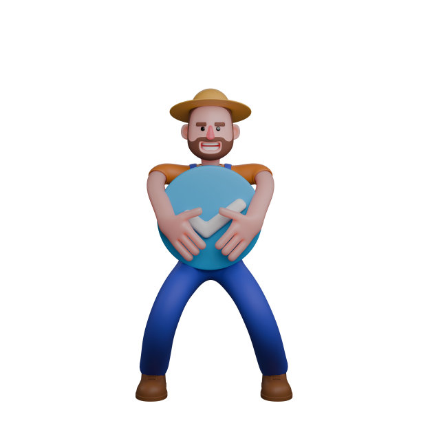 男性农村农民3D。照片中，一位农民抱着一个大大的蓝色圆圈，圆圈中间有一个白色的勾号符号。专业的说明图片下载