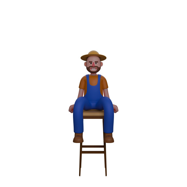 男性农民的3D卡通。一个农民舒服地坐在一把高椅子上。专业图片下载