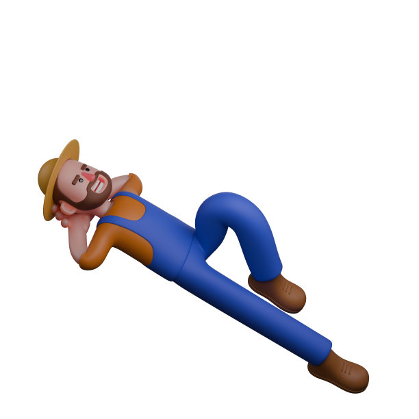 插图农业专业。一个农民悠闲地躺在地上，双手放在脑后。3D男农民图片下载