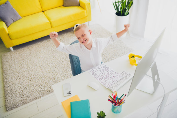 疲惫可爱聪明聪明的男孩的照片，小学生在家学习，用现代技术在室内远程教育图片下载