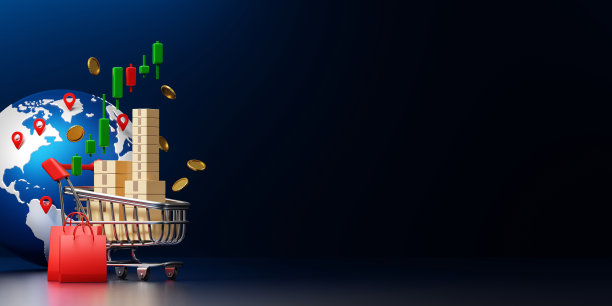 网上购物概念设计，购物车中的包裹箱和蓝色背景的地图图钉地球仪3D渲染图片下载