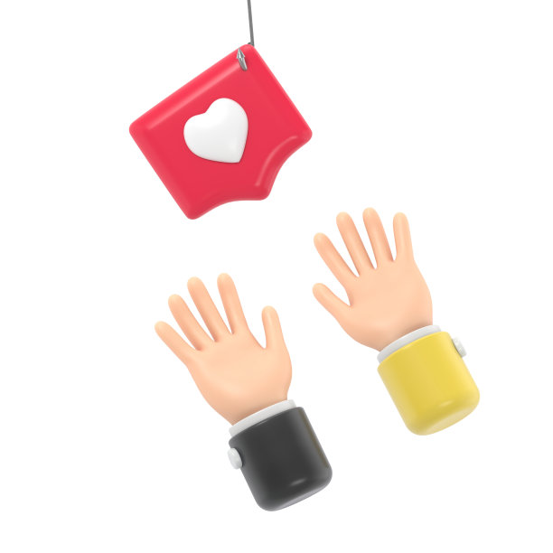 卡通手势图标模型。手伸向钩上有心形图案的别针。社会隐喻，揭示了观念的操纵和贪婪。白色背景的3D渲染。图片下载