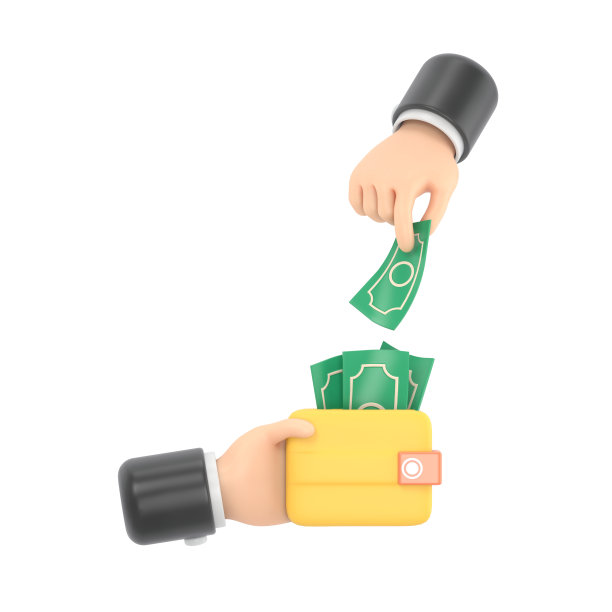 卡通手势图标模型。3d卡通手把美元钞票在钱包孤立的蓝色背景。白色背景的3D渲染。图片下载