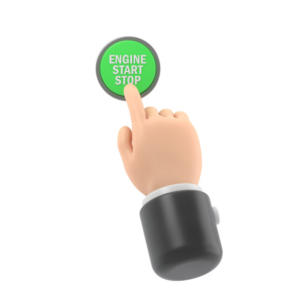 发动机启停系统。发动机启动。人将手指按在汽车电机的启动和停止按钮上。3D插图平面设计。白色背景的3D渲染。图片下载