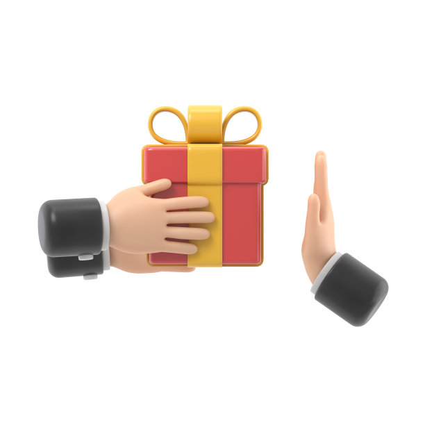 拒绝赠与。没有腐败的概念。拒绝的提议。男人手里拿着带丝带的礼品盒。Gesture拒绝了这个提议。白色背景的3D渲染。图片下载