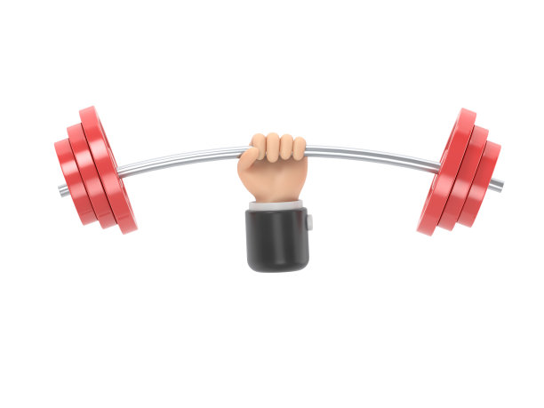 强大的概念。手持杠铃图标。手持哑铃的人的手。三维插图平面设计。举重，练硬理念。运动健身的生活方式。图片下载