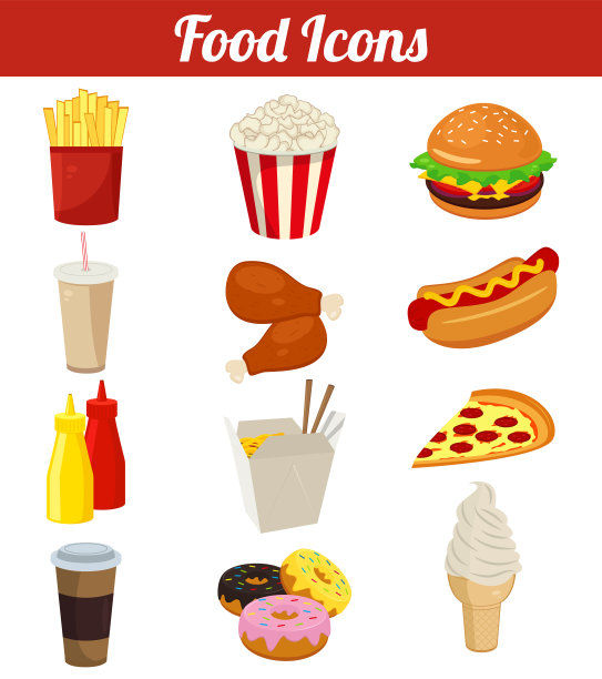 食物图标集。快餐图标。现代平面设计。向量图片下载