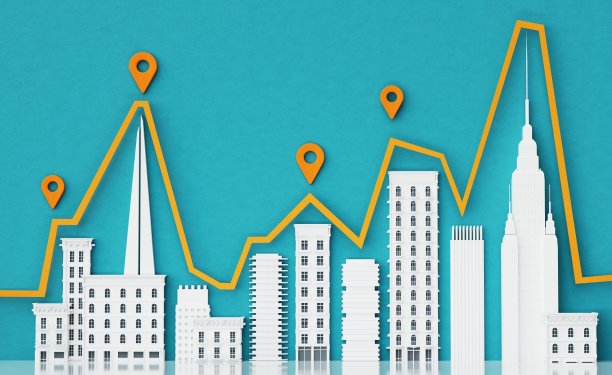 商业中心，市中心有摩天大楼和显示成功的图表。三维渲染图片下载