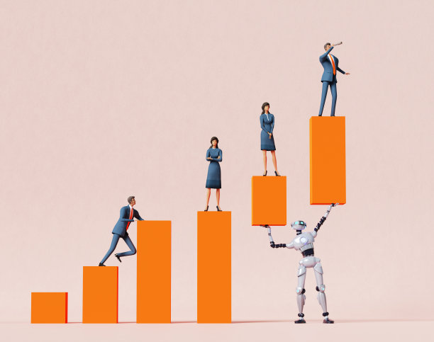 机器人拿着图表，商务人员待在上面，人工智能帮助人们工作、做生意、整理问题、协助和监控进度。商业概念3D渲染图片下载