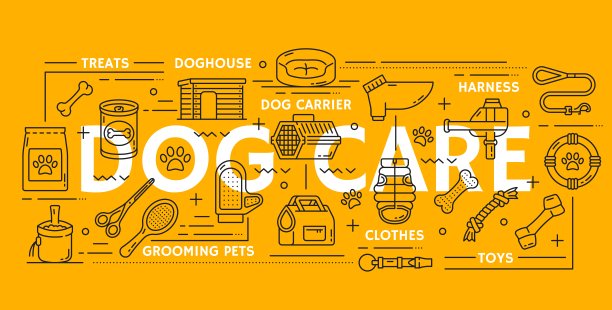 狗宠物护理横幅，美容用品和玩具图片下载