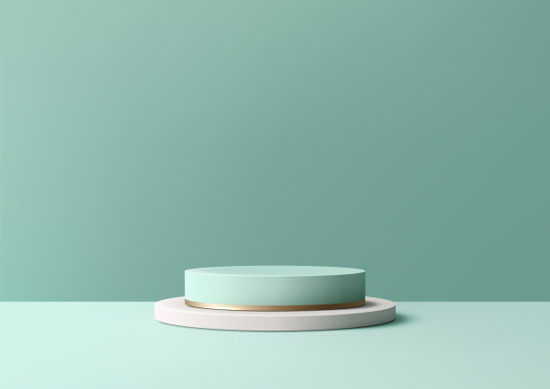 奢侈品展示与3D绿色圆形讲台和白色圆柱基座在薄荷背景精制展示，模板图片下载