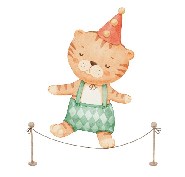 水彩马戏团可爱的小老虎人物。背景孤立的有趣动物。图片下载