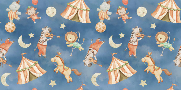 无缝水彩图案与可爱的马戏团帐篷，狮子和斑马。幼稚的手绘背景与有趣的动物在黑暗的背景。图片下载