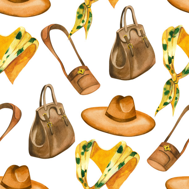 女性的配饰、帽子、黄围巾、包包，所有的物品都是手写的。水彩插图。适用于织物、纸张、剪贴簿等印刷图片下载