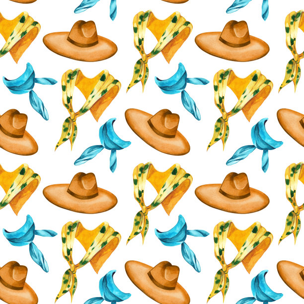 关于时尚主题的无缝水彩图案。扇子和披肩，一顶有宽阔田野的帽子，所有的东西都是用水彩画出来的。适用于织物、纸张、图案等印刷图片下载