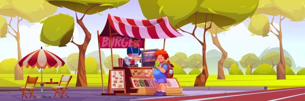 男孩在公园的快餐亭买一包零食图片下载