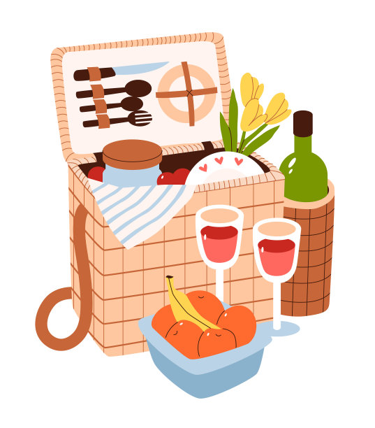 柳条野餐篮，一束花和一瓶酒。在大自然中吃浪漫的午餐。平面矢量插图。图片下载