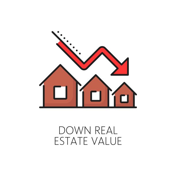 下降房地产价值线图标，房屋和图表图片下载