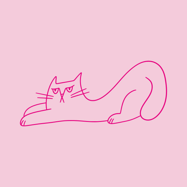 可爱的涂鸦猫和有趣的脾气暴躁的脸。手绘轮廓躺着的小猫。毛绒俏皮的卡通人物的t恤印刷，装饰。图片下载