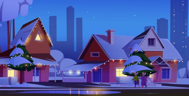 两个孩子在圣诞节走在郊区的街道上图片下载