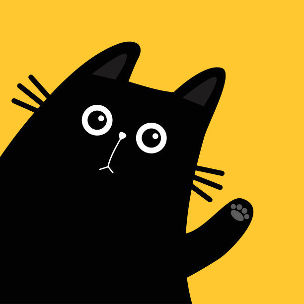 可爱的猫头从角落里探出头来。挥舞着手的爪印。卡哇伊宠物小动物。黑色的小猫脸。卡通人物。贴纸，贺卡印刷。平面设计。黄色背景图片下载