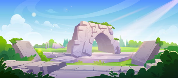 夏季景观与古希腊建筑遗址图片下载