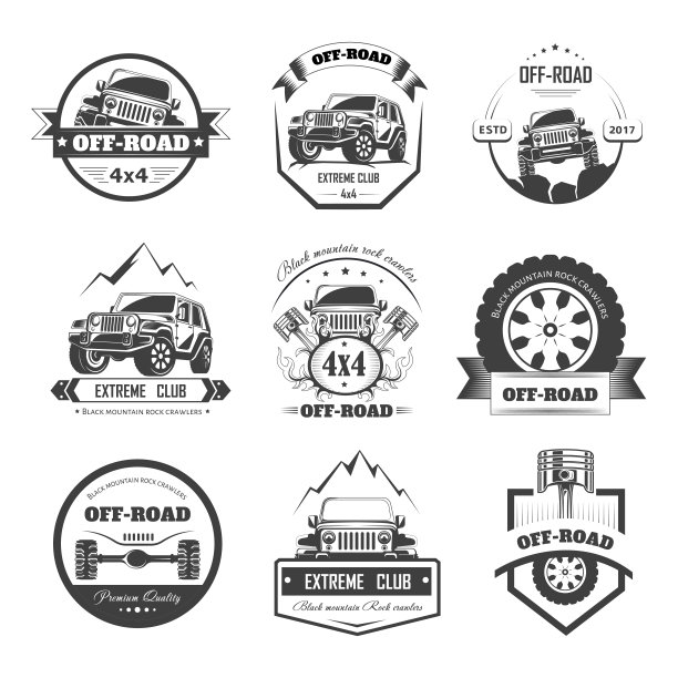 越野极限汽车或汽车司机俱乐部矢量图标模板集图片下载