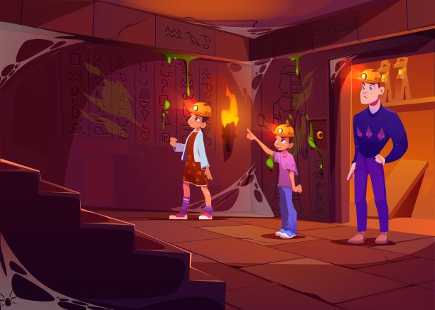 父亲和十几岁的孩子在埃及寺庙大厅图片下载