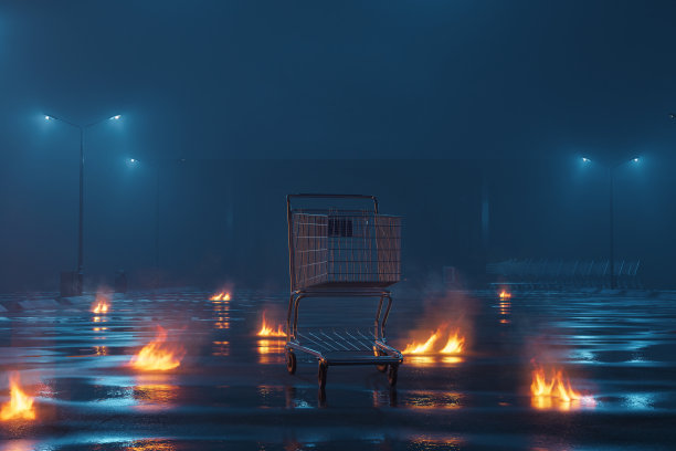 废弃停车场小火照亮的购物手推车。3d渲染图片下载