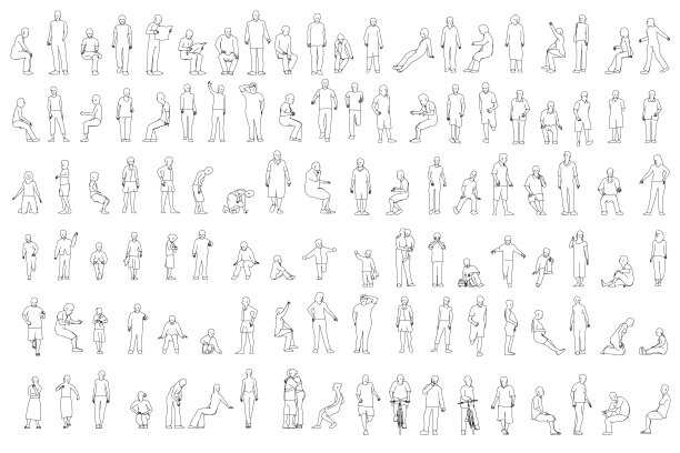 设置人物轮廓在不同的位置从黑线孤立在白色背景。男人，女人和孩子走，跑，站，坐。前视图。矢量插图。图片下载