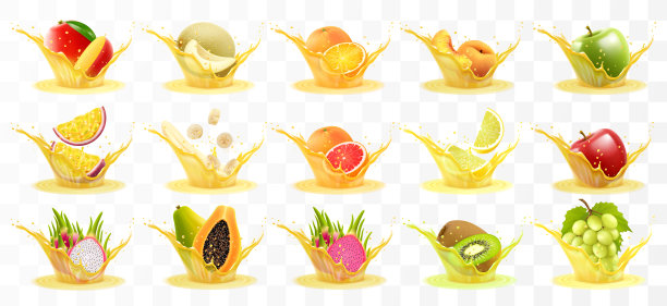 芒果、甜瓜、橘子、桃子、苹果、百香果、香蕉、葡萄柚、柠檬、葡萄、木瓜、火龙果、猕猴桃汁。新鲜水果和飞溅，三维现实矢量图标集图片下载