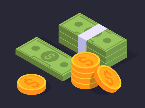 等距现金。美元钞票和金币，货币财富概念三维矢量插图。现金货币符号孤立在黑暗的背景图片下载