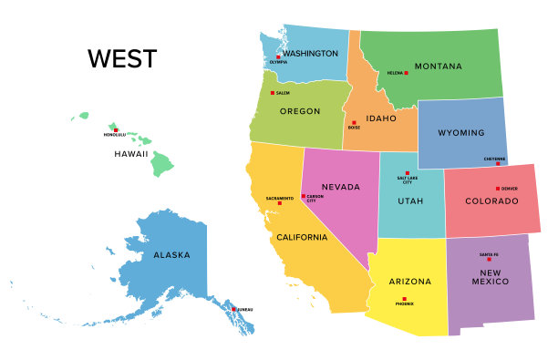 西部，美国人口普查地区，多色政治地图图片下载