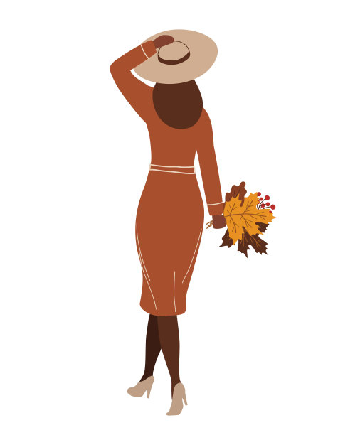 手里拿着秋叶的可爱女人。穿着棕色外套，戴着米色帽子，手持一束秋叶的美女图片下载