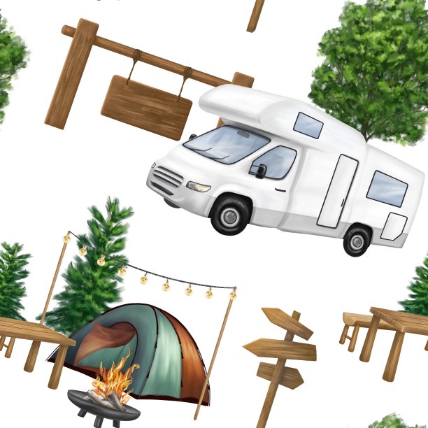 无缝图案与露营地，木制野餐桌，白色房车和篝火在森林中的冷杉树。去大自然、公园和自然保护区旅游。孤立的插图图片下载