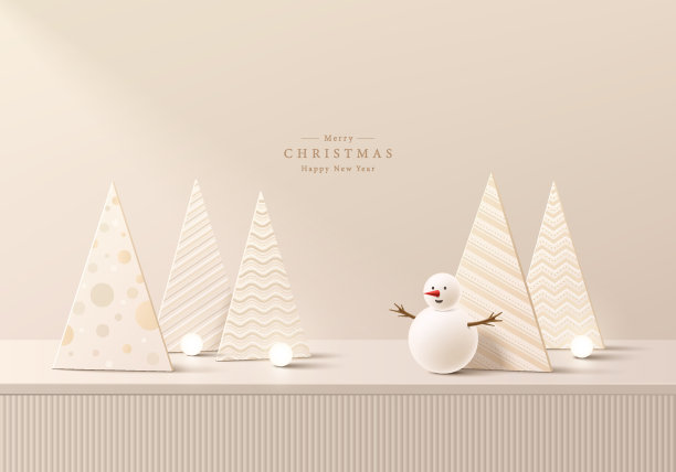 3D的奶油桌面讲台背景与圣诞树，雪人，灯泡。抽象构图极简设计。工作室展示陈列室化妆品台座，时装舞台展示样机场景。图片下载