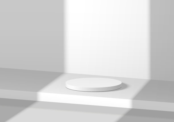 3D白色圆形讲台背景与窗口光和阴影叠加。抽象构图极简设计。3D工作室展示陈列室化妆品台座，时装舞台展示样机场景图片下载