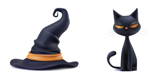 女巫帽和可爱的黑猫万圣节矢量。精灵锥形帽与橙色可怕的卡通宠物动物性格隔离。派对服装复古巫术恐怖集。有趣的小猫微笑黑色横幅装饰。图片下载