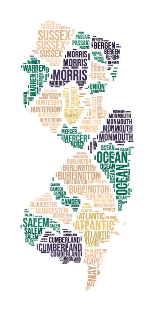 新泽西词云。以县划分的州形。新泽西排版风格图像。县名标记云。矢量插图。图片下载