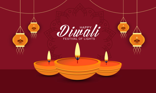 快乐排灯节横幅设计与油灯图片下载